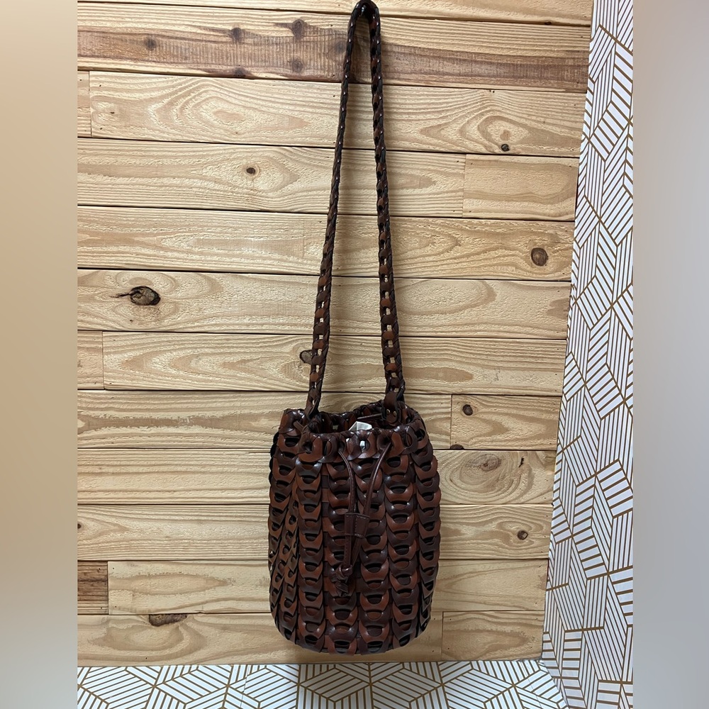 Handwoven Brown Leather Bucket Bag - Vintage, EUC